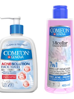 ژل شستشو صورت کامان مدل پوست جوش دار حجم 500 میلی لیتر به همراه آب پاک کننده آرایش صورت کامان مدل OILY SKIN حجم 400 میلی لیتر