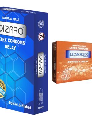 کاندوم دیزارو مدل DELAY بسته 12 عددی به همراه کاندوم لمورکس مدل خاردار تاخیری بسته 3 عددی