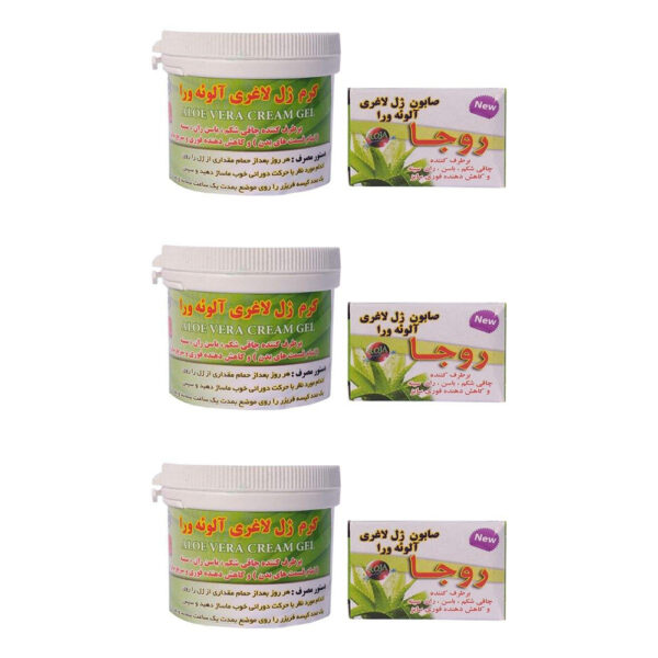 کرم ژل لاغری آلوئه ورا روجا مدل Aloe vera حجم 100 میل لیتر به همراه صابون لاغری مدل آلوئه ورا وزن 100 گرم مجموعه 6 عددی