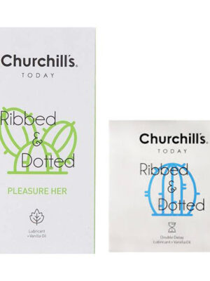 کاندوم چرچیلز  مدل Pleasure Her بسته 12 عددی به همراه کاندوم چرچیلز مدل شیاردار و خاردار بسته 3 عددی